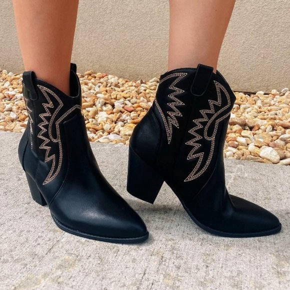 NEW Black Pointy Toe Block Heel Western Stitch Embroidery PU Leather Ankle Boots - Picture 3 of 10